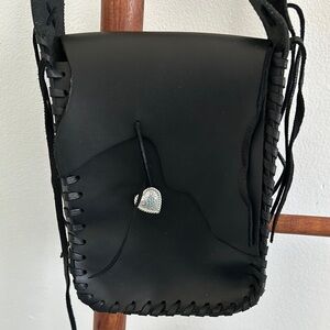 Vintage Black Leather Crossbody Bag with Heart Charm